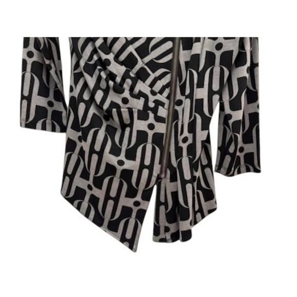 Boho Chic Jacket Abstract Artsy L Black Grey 3/4 Sleeve Rouching Zip Front VNTG - Picture 2 of 10